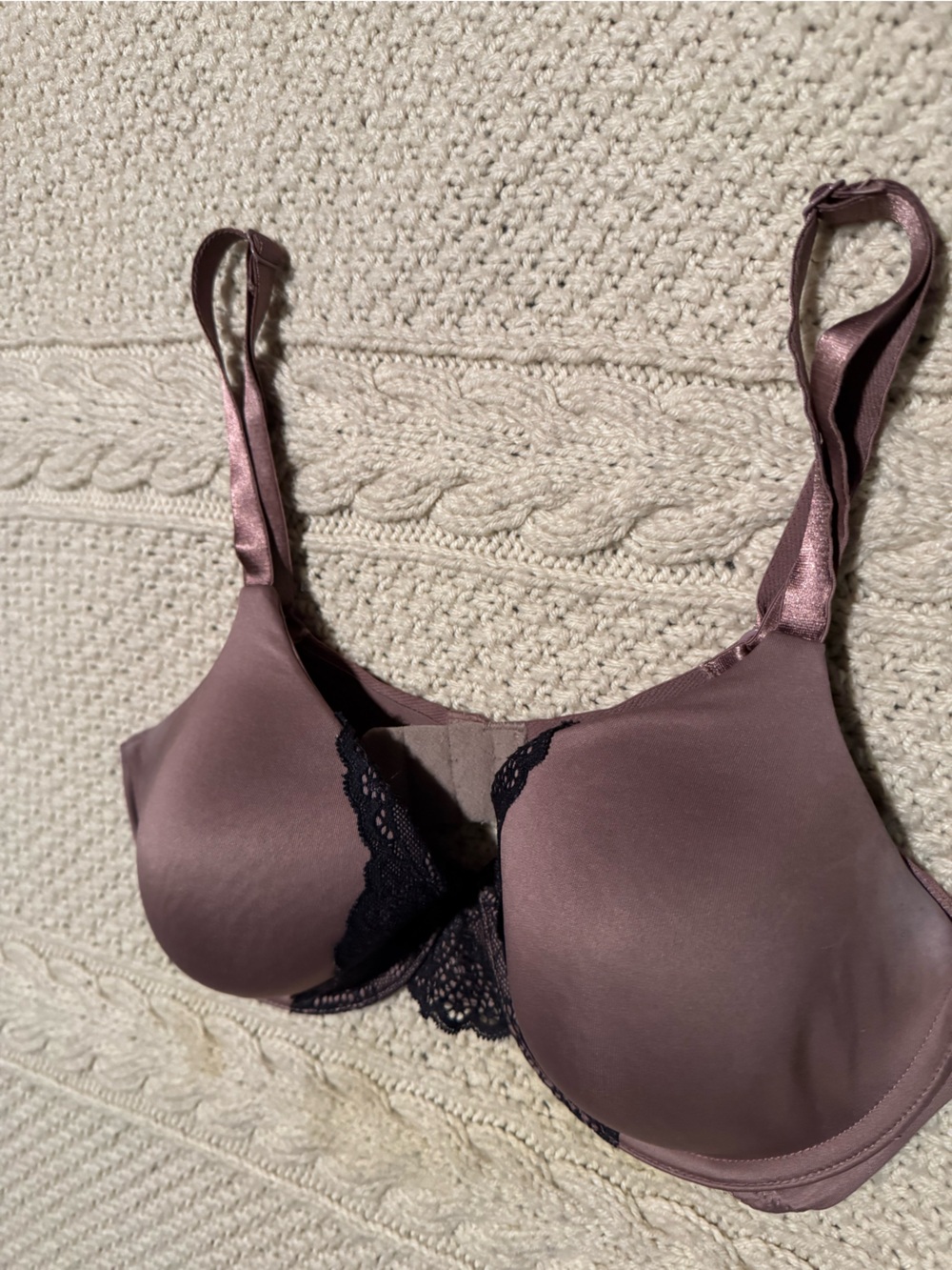 Mauve Satin T-Shirt Bra with Black Lace Accents
